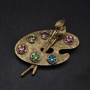 1928 Brand Artist Painters Palette Brooch Gold Tone Rhinestones UV Glow